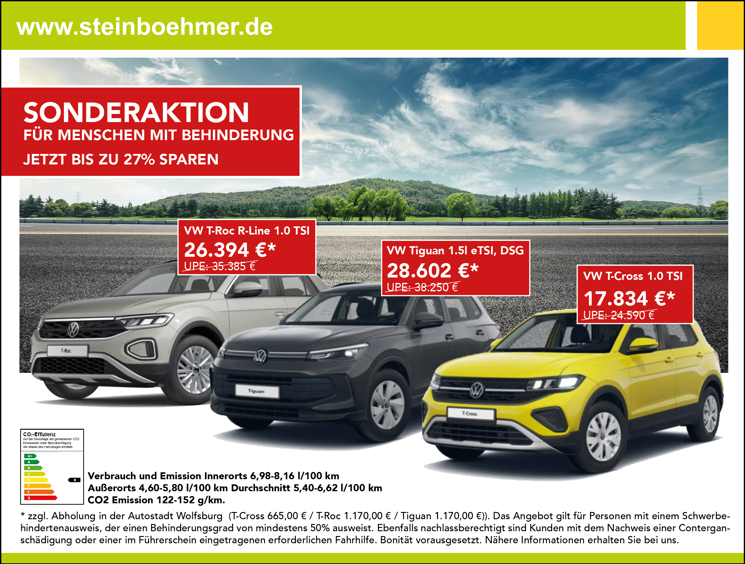 Sonderaktion für Menschen mit Behinderung: bis zu 27% Rabatt. VW T-Roc, VW Tiguan & ein VW T-Cross.