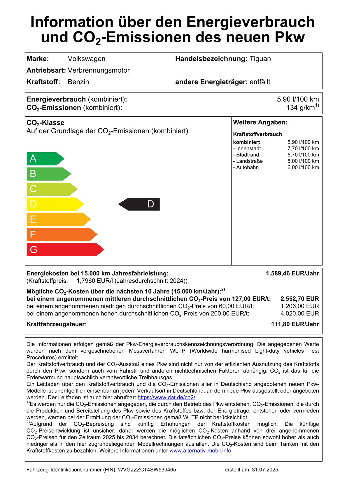 WLTP Label: CO2 Klasse E